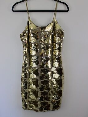 Karen Lucas for Niki Vintage Gold Sequin Bodycon Mini Dress Size 8 Party Dress